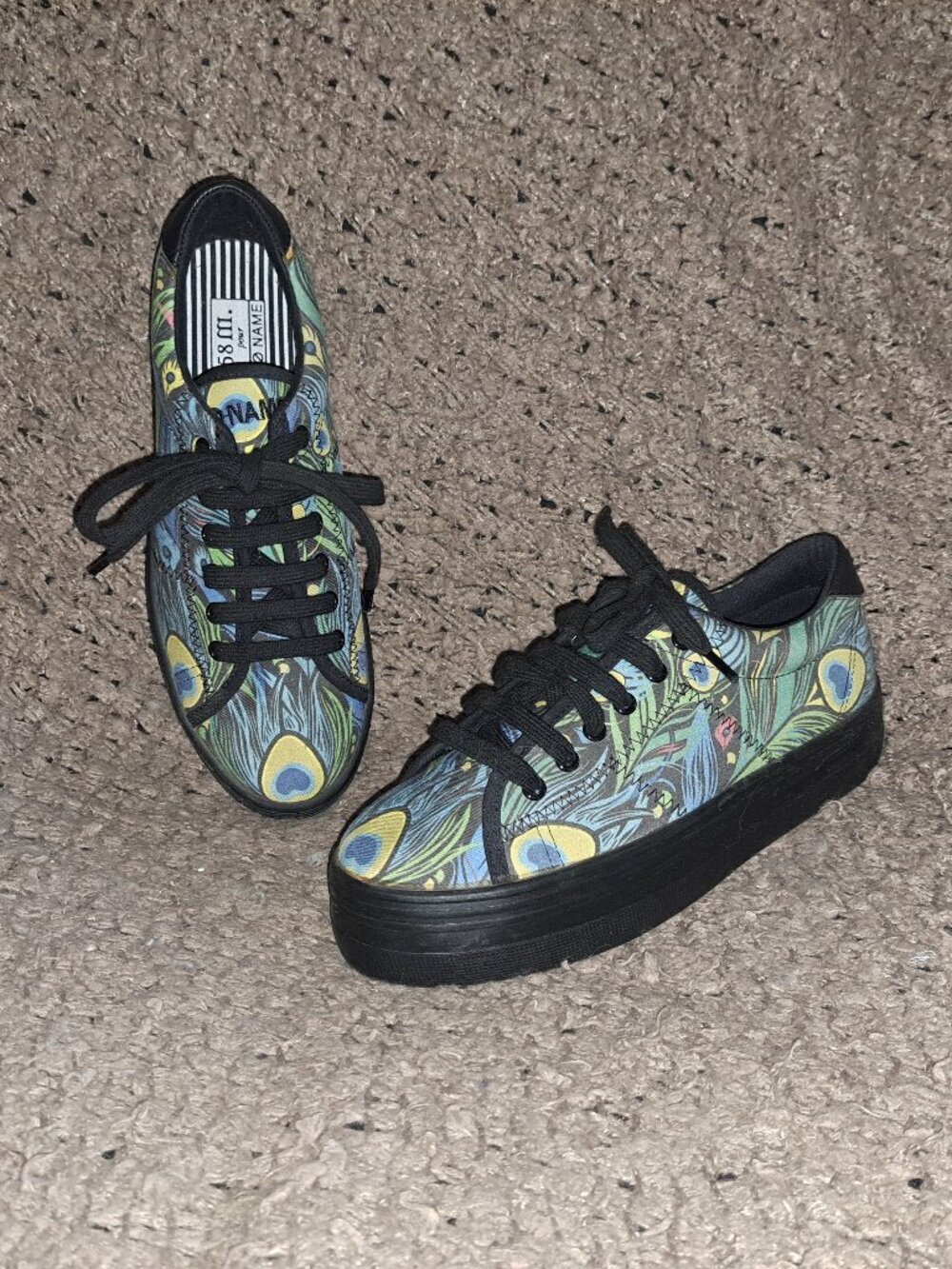 58 m. X NO NAME-Rare Co-Lab-Peacock Pattern Canvas Flatform Sneakers-Sz 38-NM